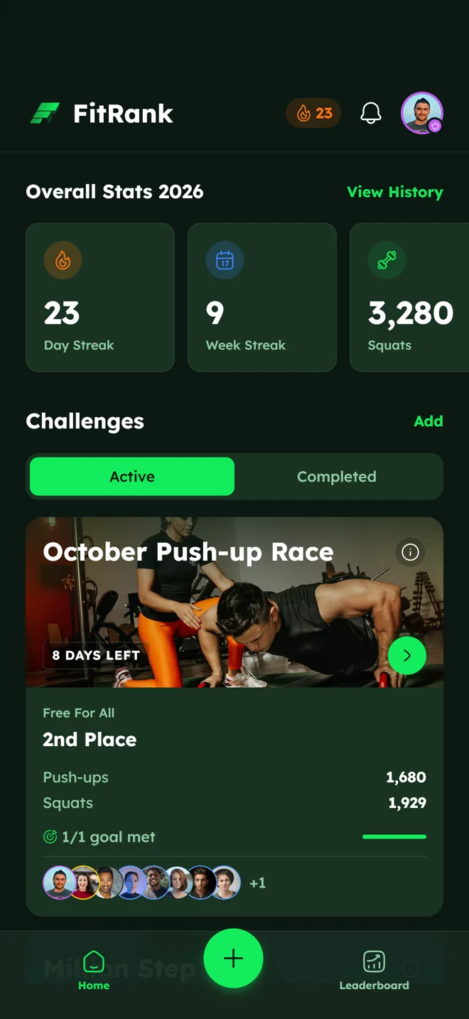 FitRank home screen with streaks and an active challenge